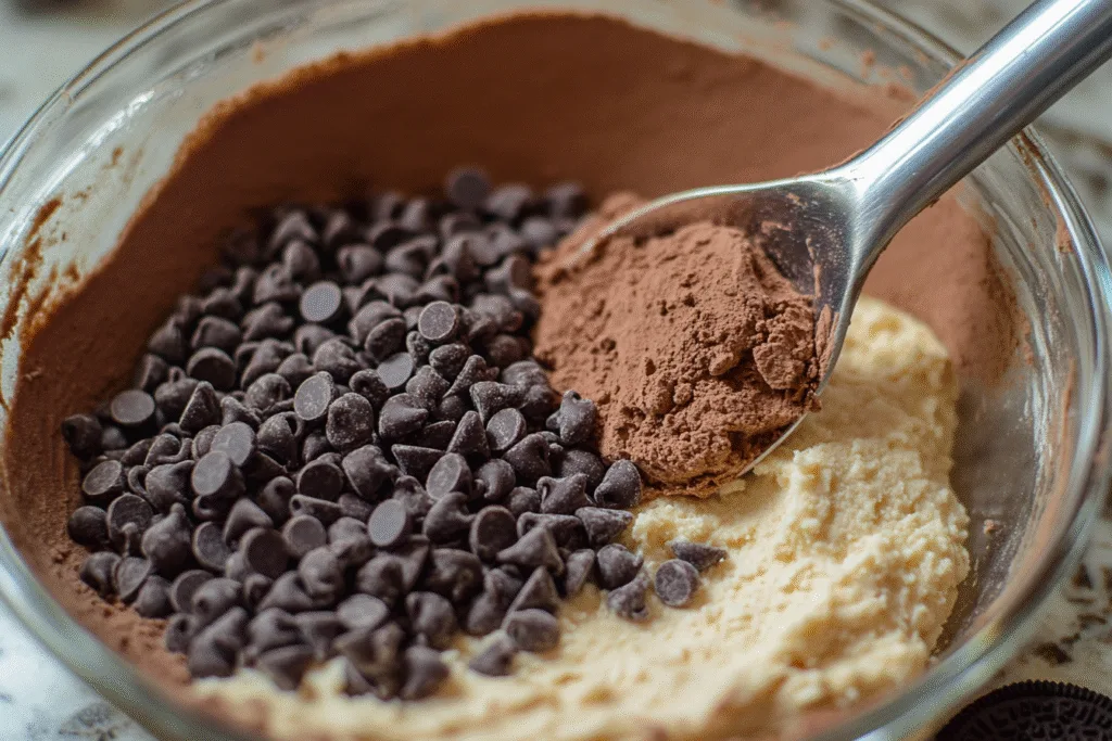 Blended chocolate cottage cheese cookie dough mixture being poured into bowl