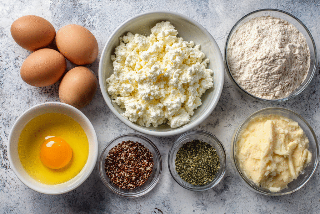 Ingredients for homemade cottage cheese bagels including cottage cheese, flour, egg, and toppings