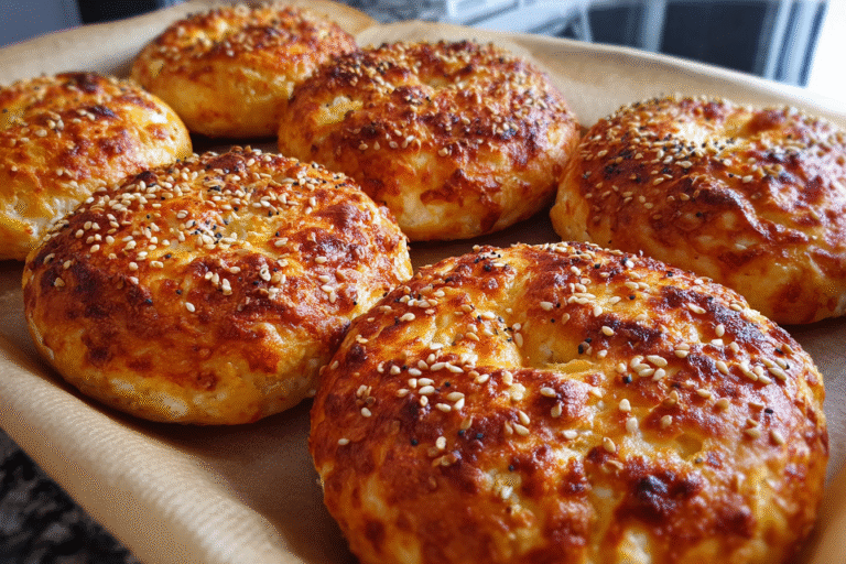 Homemade cottage cheese bagels with sesame and everything seasoning