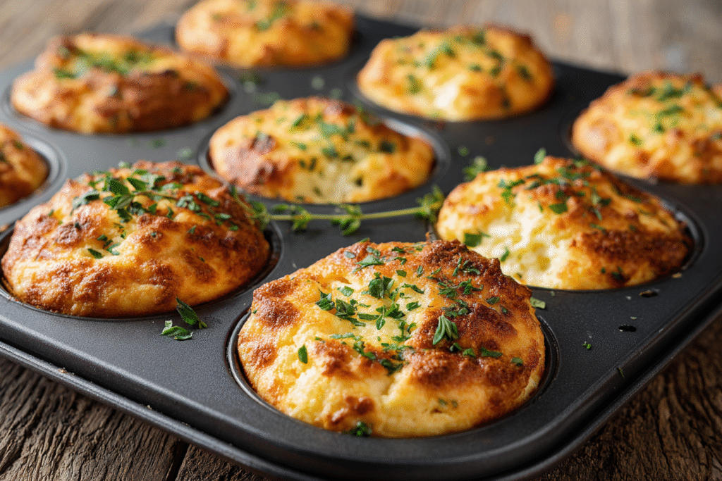 Savory cottage cheese muffins freshly baked in muffin tin