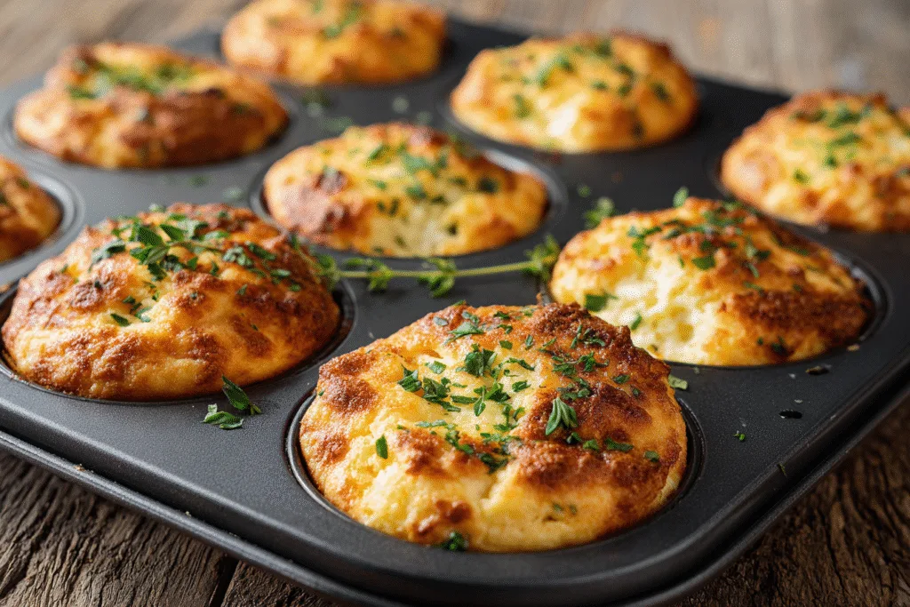 Savory cottage cheese muffins freshly baked in muffin tin