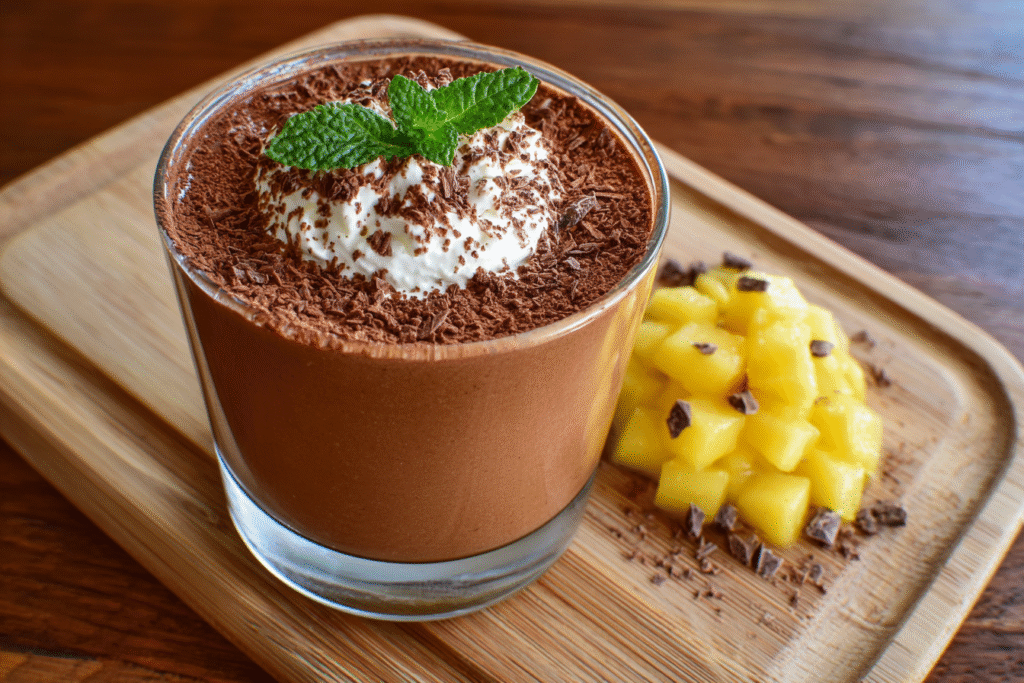 Cottage Cheese Chocolate Mousse decorated with mint leaves