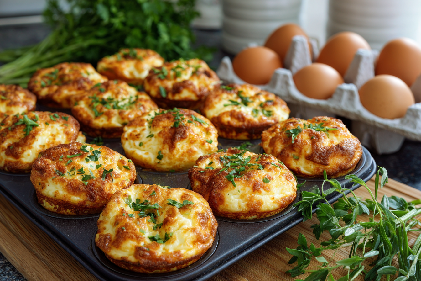 Cottage cheese egg bites in muffin tin baked golden brown