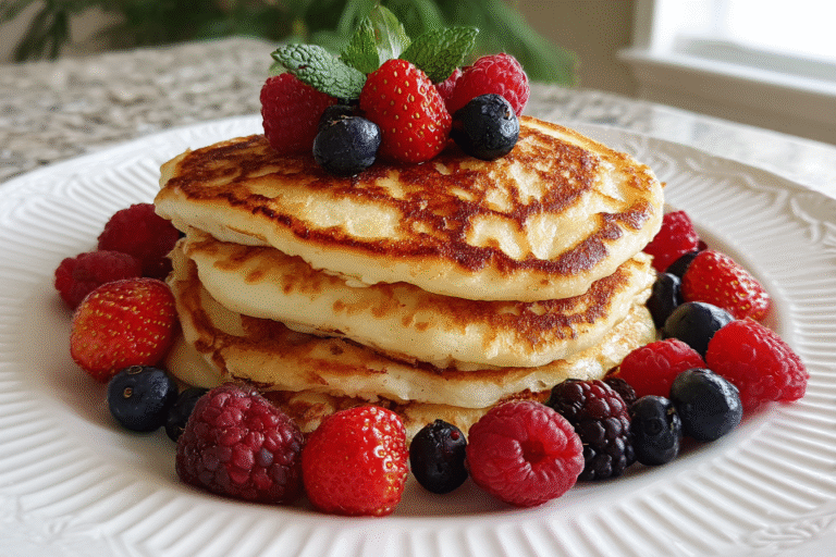 Cottage cheese pancakes stacked with berries