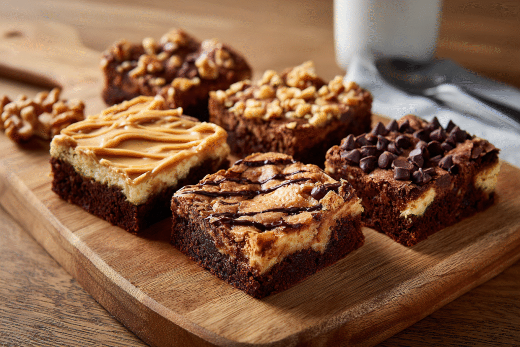 Cottage cheese brownies with peanut butter swirl and nut toppings