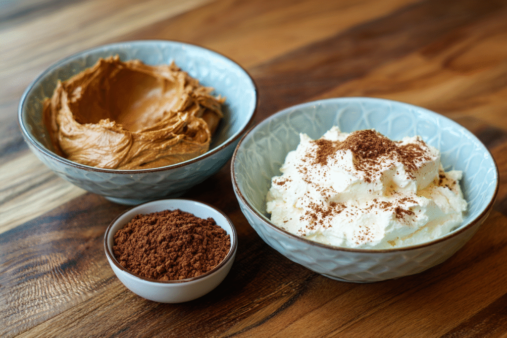 Cottage cheese and cocoa ingredients on table