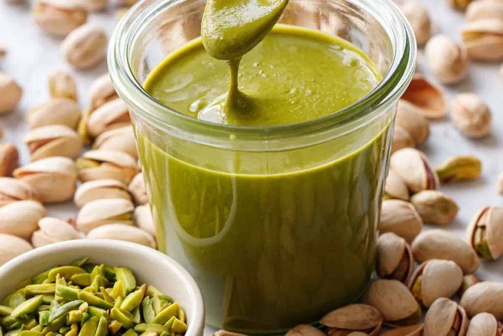 creamy pistachio butter in a glass jar