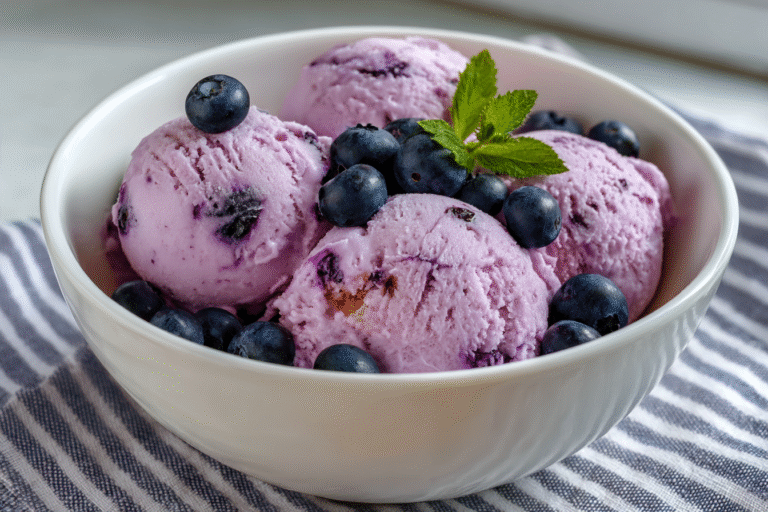 blueberry cottage cheese ice cream recipe in a ceramic bowl