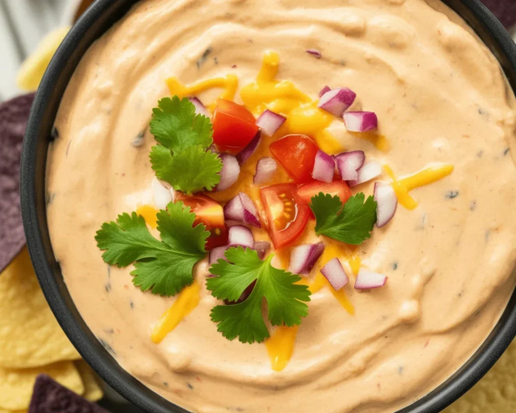 High protein cottage cheese queso dip in a bowl with tortilla chips