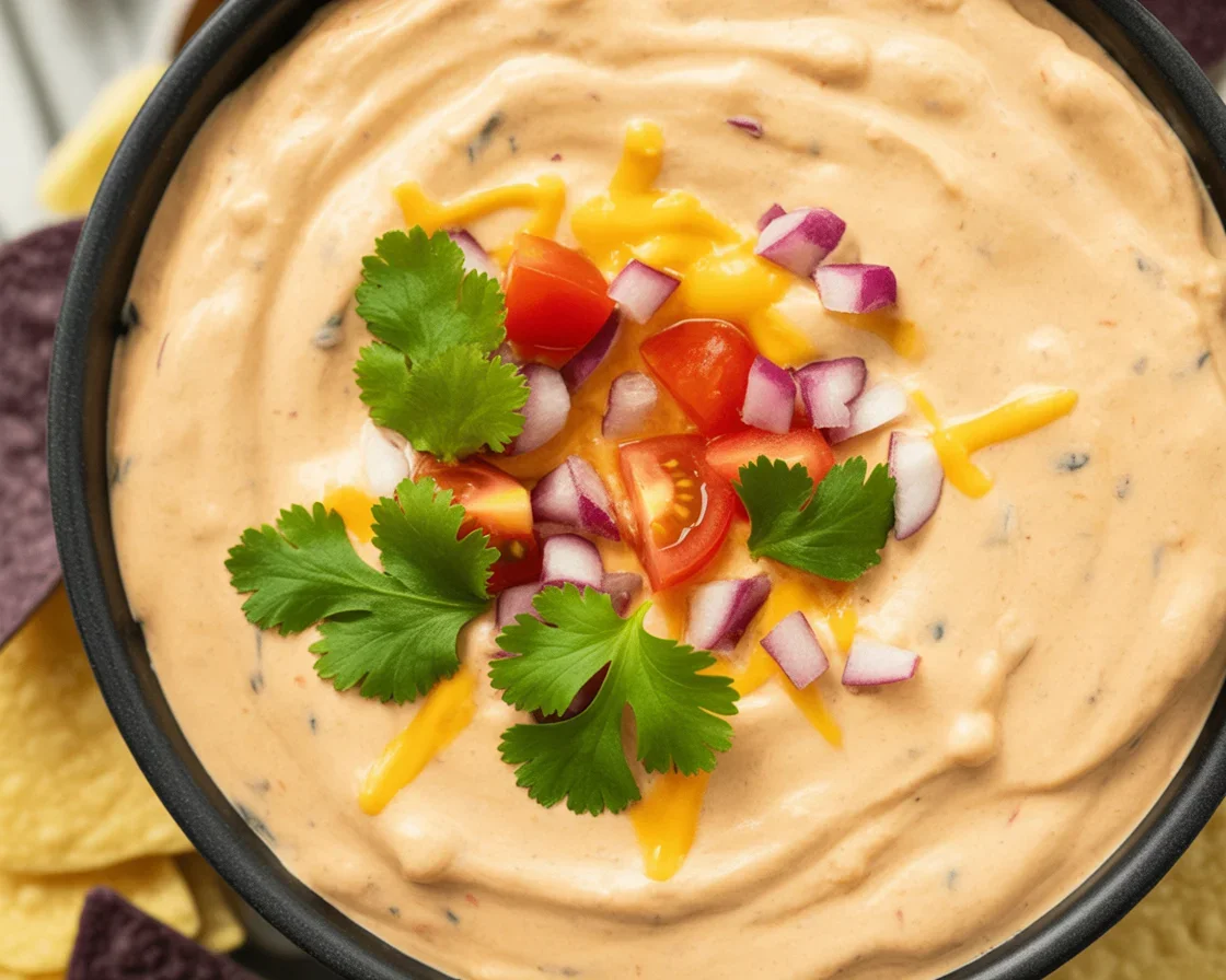 High protein cottage cheese queso dip in a bowl with tortilla chips