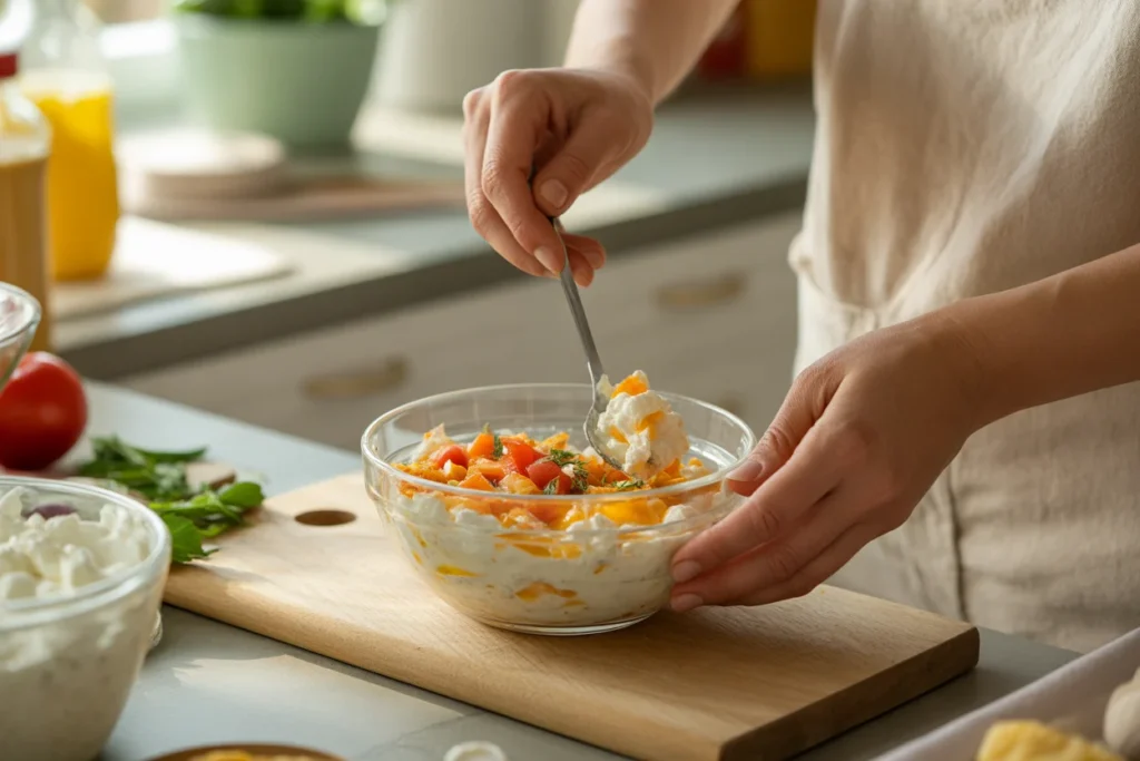 Mixing cottage cheese queso dip in a bowl