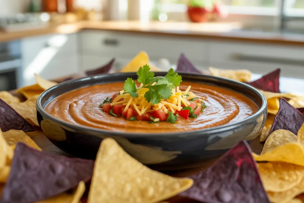 High protein cottage cheese queso dip in a bowl with tortilla chips